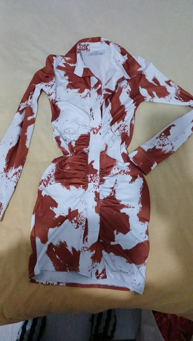 Kahverengi Batik Desenli Drapeli Mini Elbise - Görsel 2