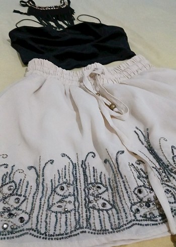 Nakışlı Beyaz Bohem Mini Etek. - Görsel 5