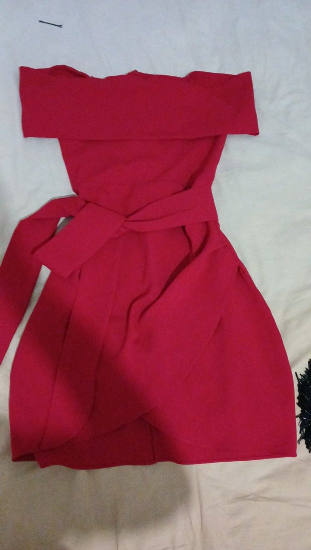 Kırmızı Drapeli Straplez Midi Elbise - Görsel 3