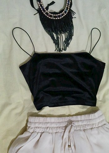 Siyah simli Mini İp Askılı Crop Top