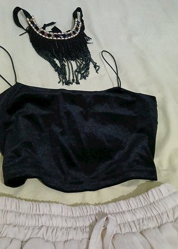 Siyah simli Mini İp Askılı Crop Top - Görsel 4