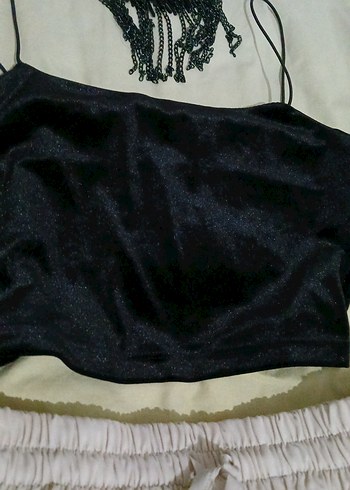 Siyah simli Mini İp Askılı Crop Top - Görsel 3