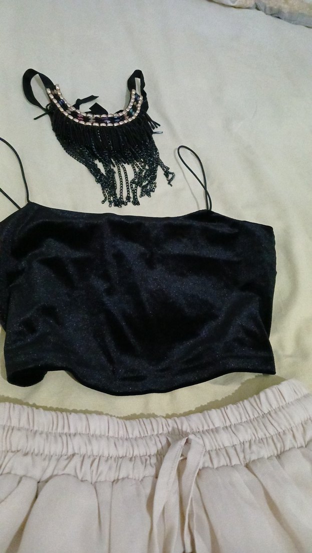 Siyah simli Mini İp Askılı Crop Top - Görsel 4