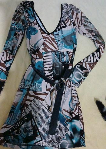 Desenli V Yaka Uzun Kollu Kadın Elbise - Görsel 2