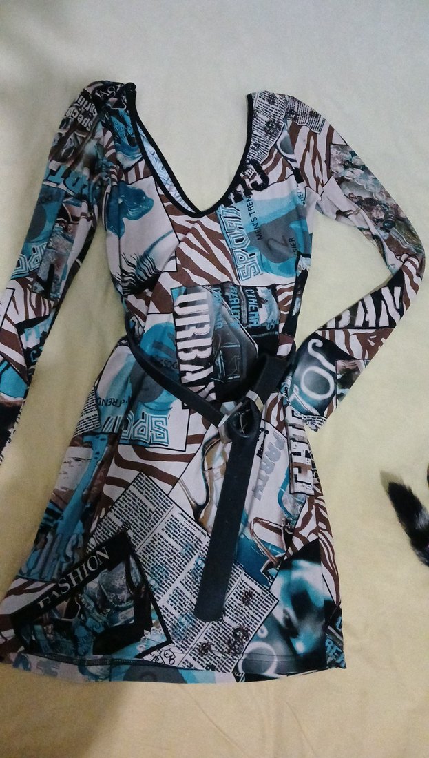 Desenli V Yaka Uzun Kollu Kadın Elbise - Görsel 2