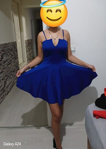 Drapeli Parlak Mavi V Yaka Mini Elbise