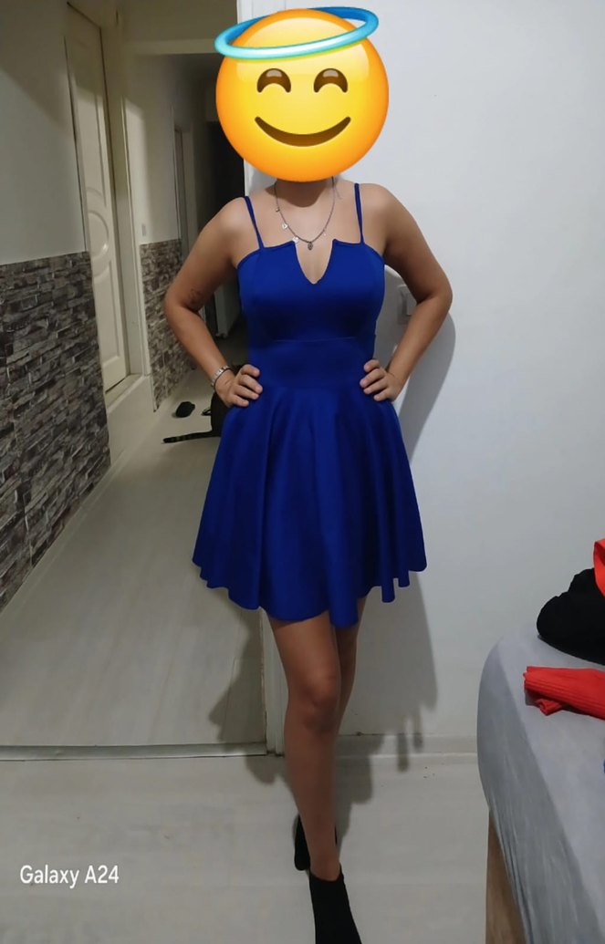 Drapeli Parlak Mavi V Yaka Mini Elbise - Görsel 2