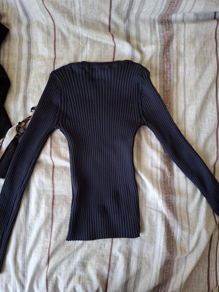 Kadın Lacivert Fitilli Triko Kazak(shoplu gösteren kazak) - Görsel 3