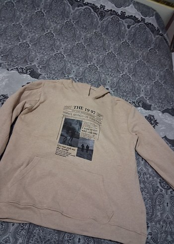 Bej Kapüşonlu Baskılı Kadın Sweatshirt - Görsel 2