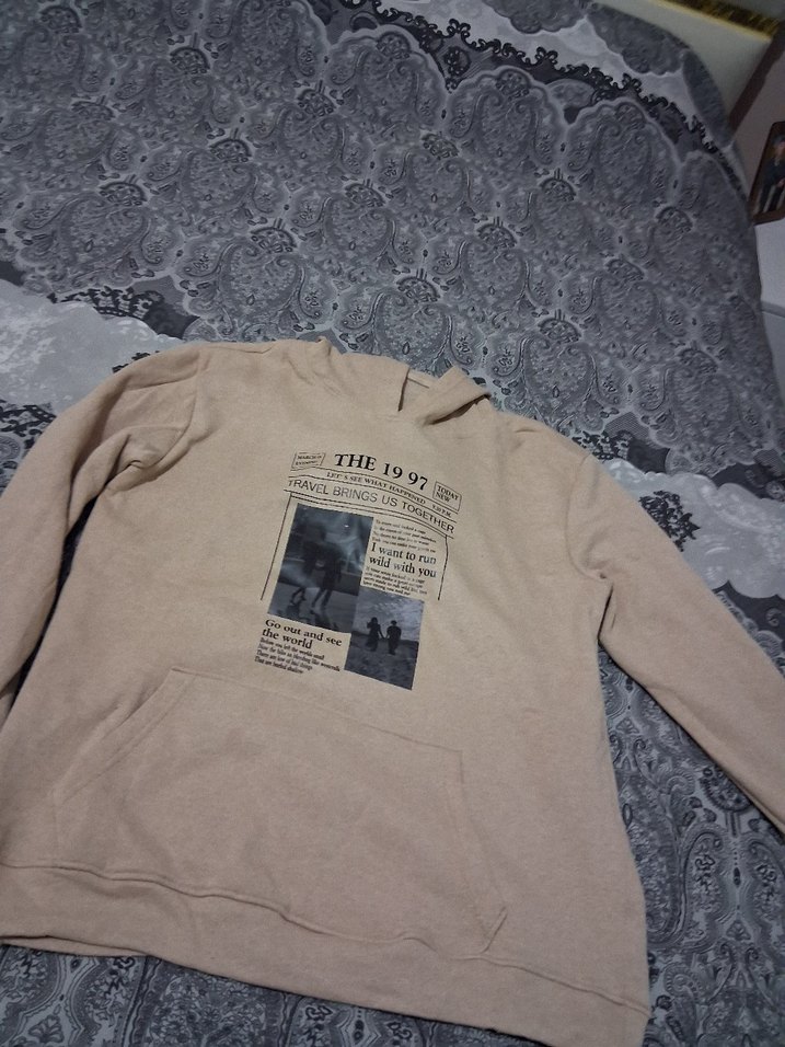 Bej Kapüşonlu Baskılı Kadın Sweatshirt - Görsel 2