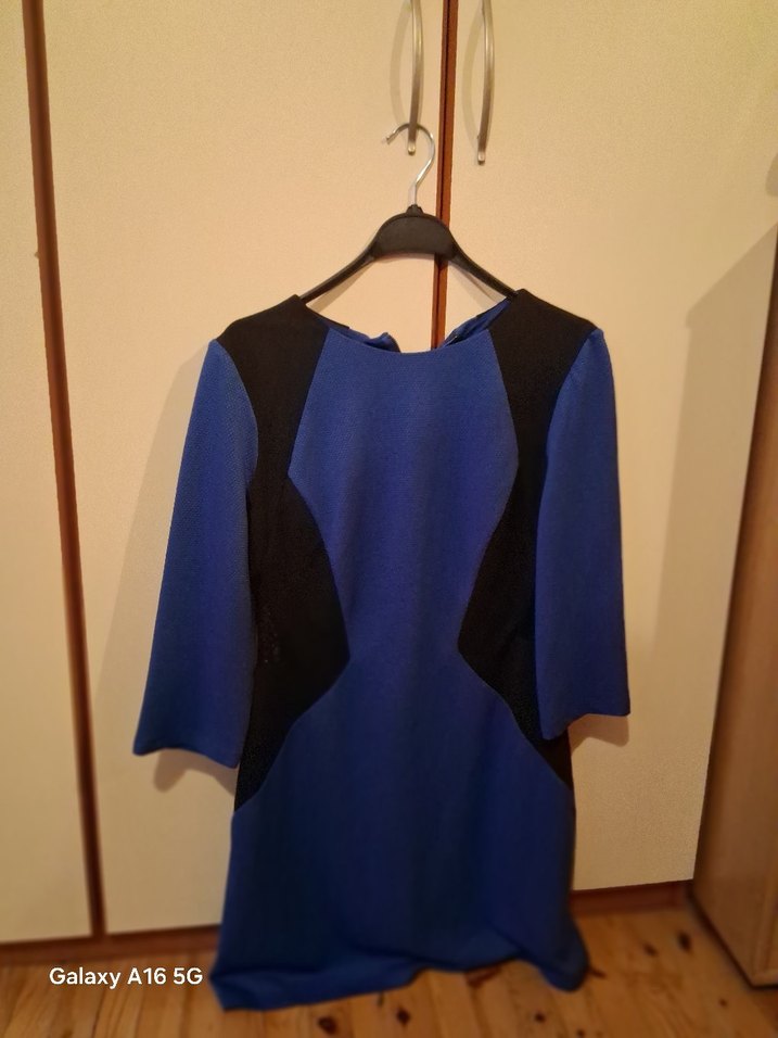 Mavi Siyah Kemerli Uzun Kollu Midi Elbise - Görsel 2