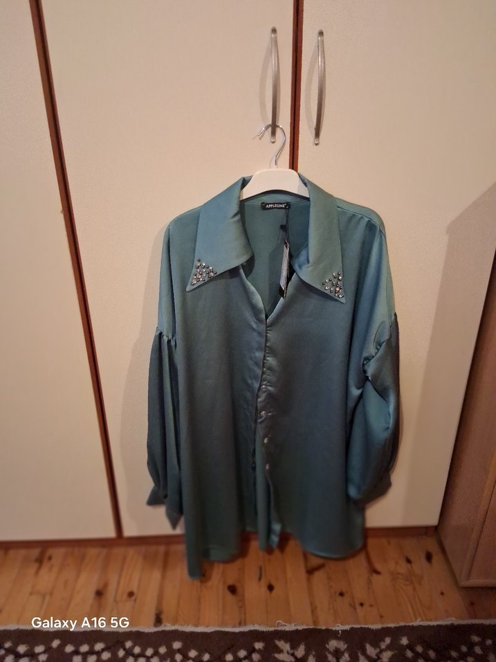 Turkuaz Düğmeli Uzun Kollu Kadın Gömlek - Görsel 2