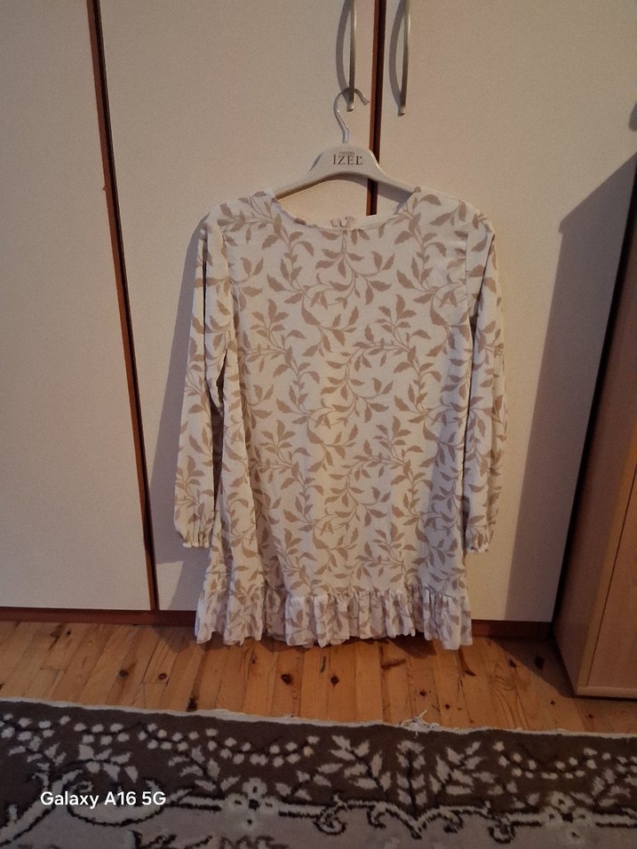 Bej Desenli Uzun Kollu Mini Keten Tunik - Görsel 2