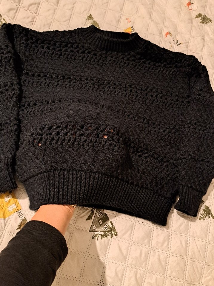 Siyah Örgü Kadın Kazak, Yuvarlak Yaka, Salaş - Görsel 3