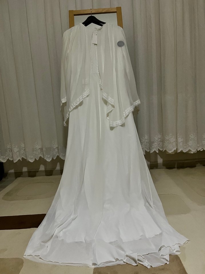 Uzun Kollu V Yaka Pilili Beyaz Kadın Elbise - Görsel 2