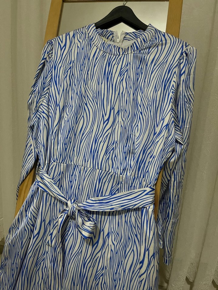 Mavi Zebra Desenli Uzun Pilili Elbise - Görsel 3