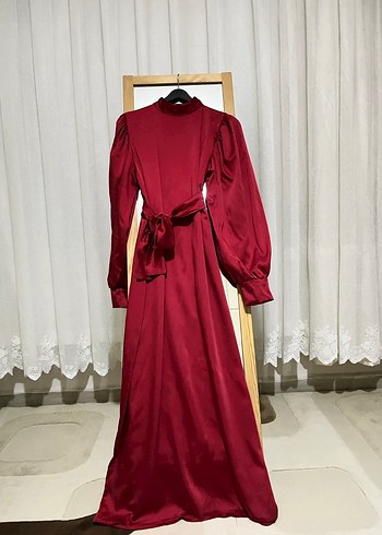 Bordo Uzun Kollu Drapeli Saten Elbise - Görsel 2