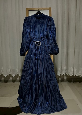 Parlak Lacivert Pilili Uzun Kadın Elbise - Görsel 2