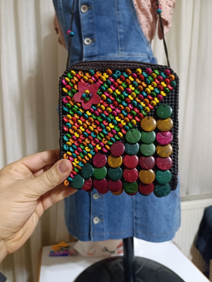 Renkli Boncuklu Bohem Örgü Kadın Çanta - Görsel 3