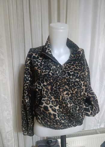 Kahverengi Leopar Desenli Kısa Kadın Ceket Sweatshirt - Görsel 2