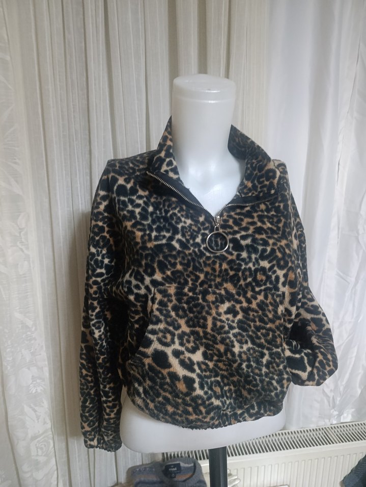 Kahverengi Leopar Desenli Kısa Kadın Ceket Sweatshirt - Görsel 2