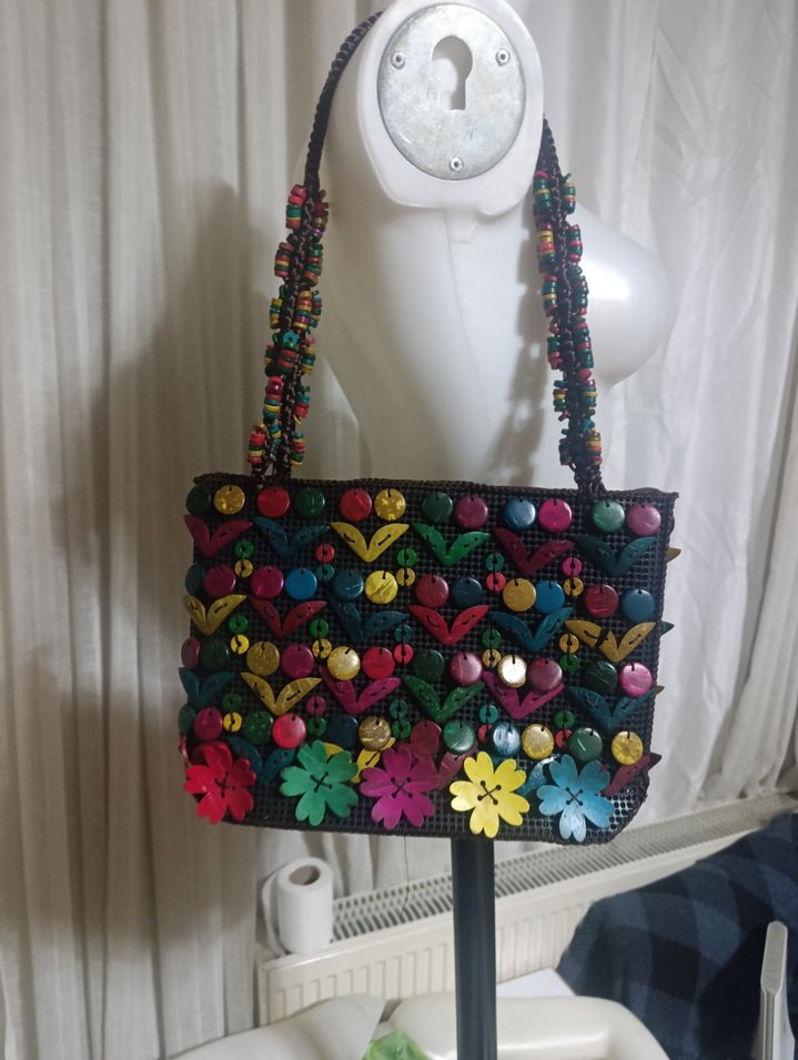 Renkli Boncuklu Bohem Çiçekli Kadın Çanta - Görsel 4