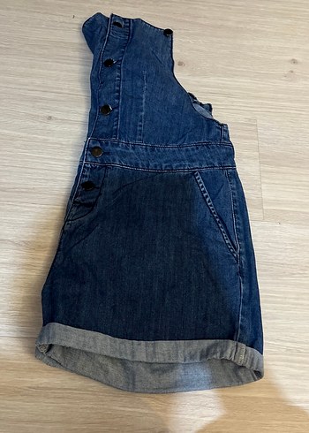 Kadın Koyu Mavi Denim Askılı Şort Tulum - Görsel 5
