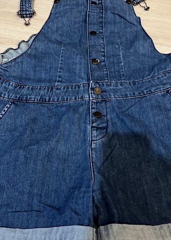 Kadın Koyu Mavi Denim Askılı Şort Tulum - Görsel 3