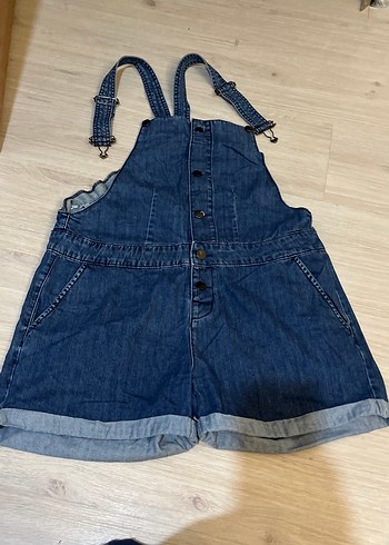 Kadın Koyu Mavi Denim Askılı Şort Tulum - Görsel 2