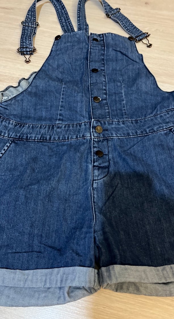 Kadın Koyu Mavi Denim Askılı Şort Tulum - Görsel 3