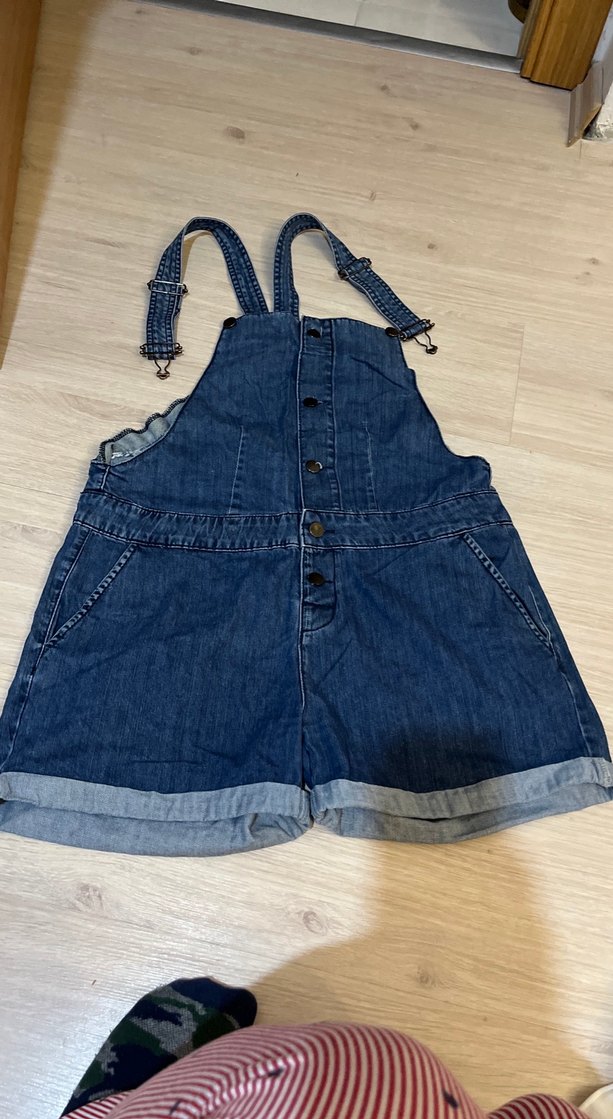 Kadın Koyu Mavi Denim Askılı Şort Tulum - Görsel 2