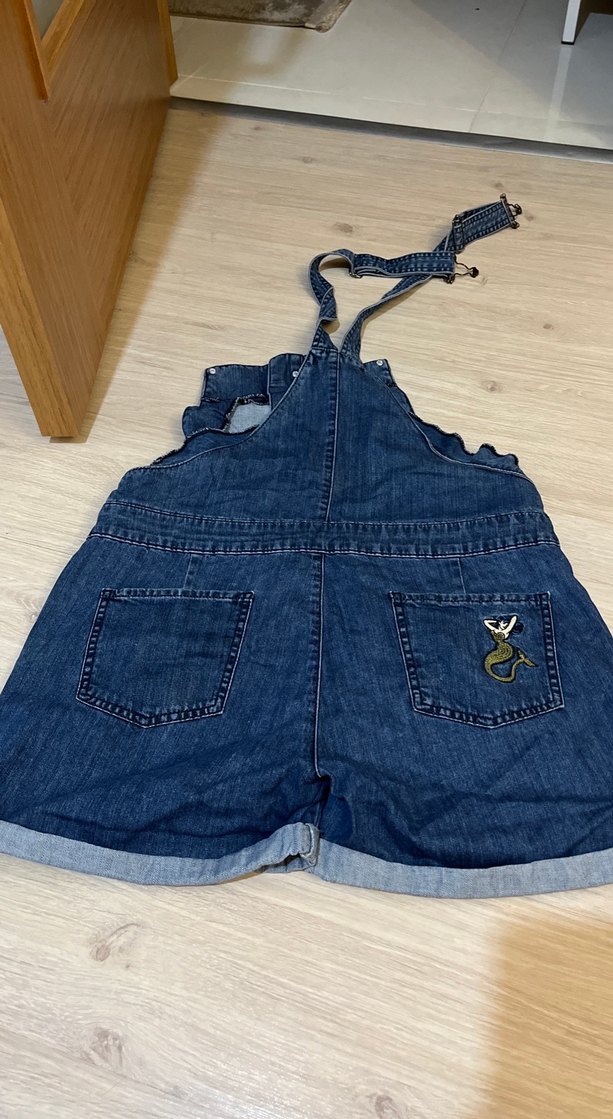 Kadın Koyu Mavi Denim Askılı Şort Tulum - Görsel 4