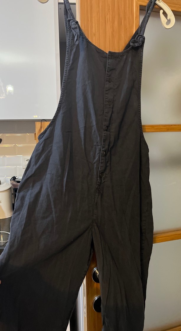 Siyah Keten Uzun Salaş Fermuarlı Tulum - Görsel 4