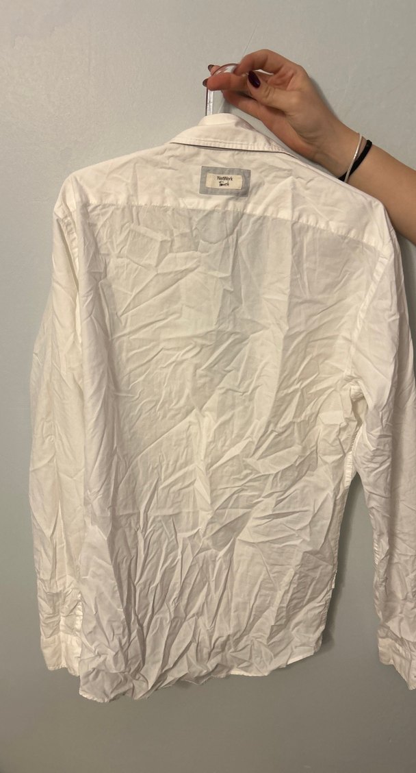 Erkek Beyaz Keten Gömlek, Uzun Kollu, Düğmeli - Görsel 2