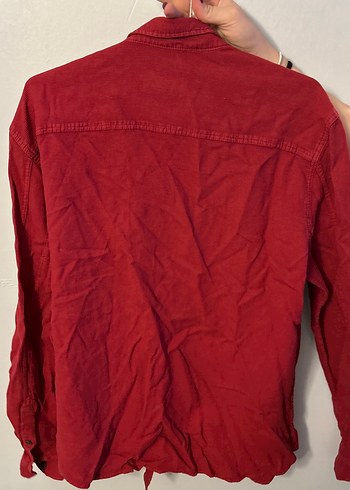 Düğmeli Kırmızı Keten Kadın Gömlek - Görsel 2