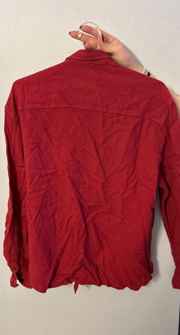 Düğmeli Kırmızı Keten Kadın Gömlek - Görsel 2