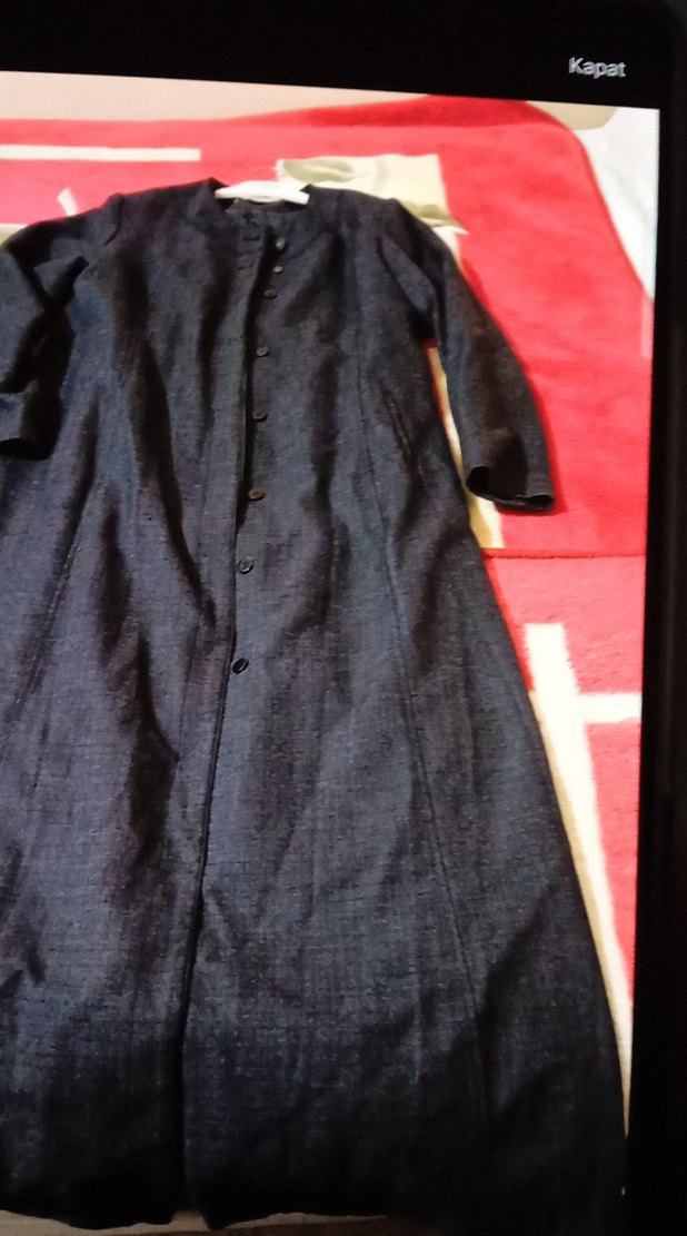 Düğmeli Gri Uzun Keten Kadın Kaban - Görsel 2