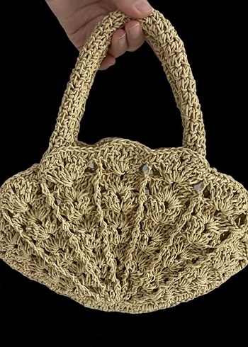 El Yapımı Boncuk Detaylı Bej Örgü Bohem Çanta - Görsel 2
