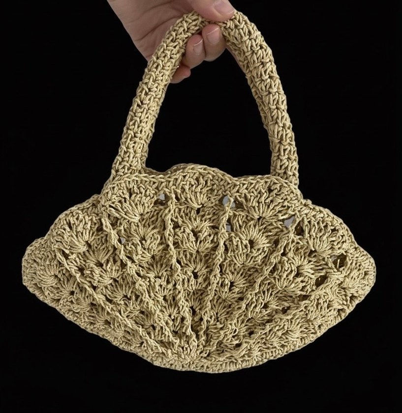 El Yapımı Boncuk Detaylı Bej Örgü Bohem Çanta - Görsel 2