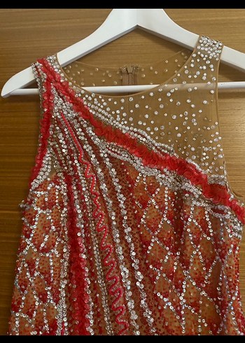 Kırmızı Drapeli Uzun Abiye Elbise swaroski taş üstü - Görsel 3