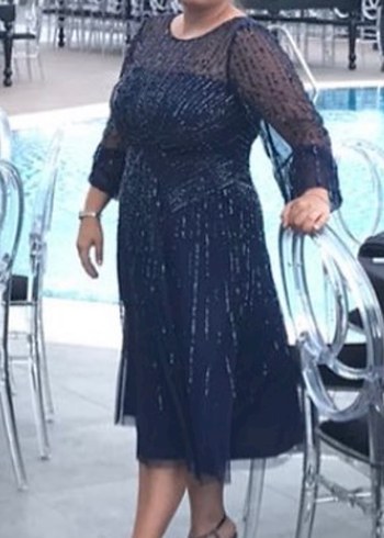 Boncuk İşlemeli Lacivert Uzun Abiye Elbise - Görsel 4