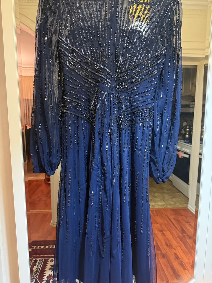 Boncuk İşlemeli Lacivert Uzun Abiye Elbise - Görsel 2