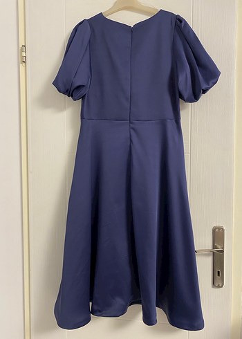 Kemerli Lacivert Saten Kadın Elbise - Görsel 2