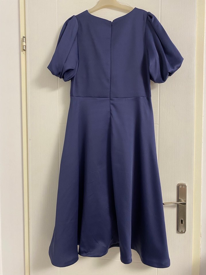 Kemerli Lacivert Saten Kadın Elbise - Görsel 2