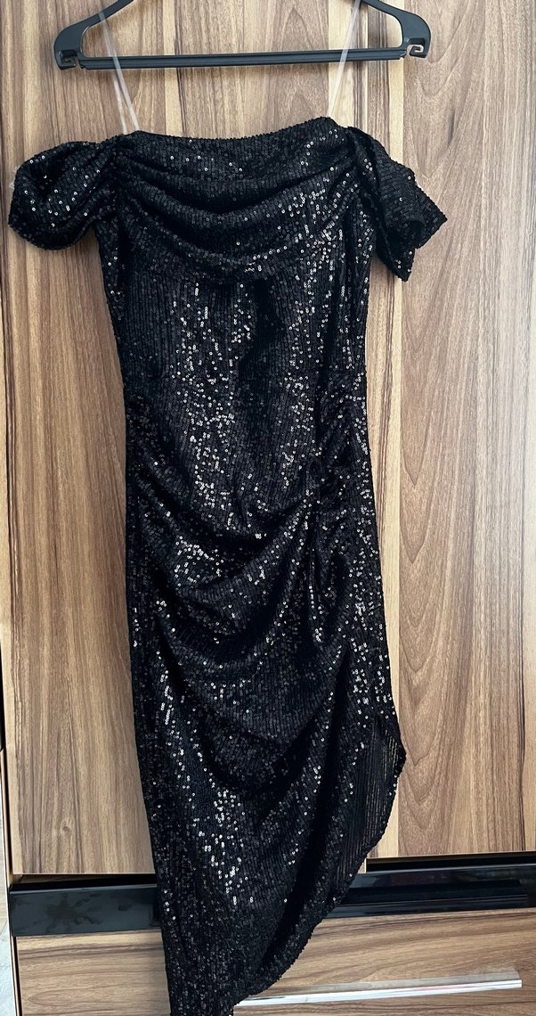 Siyah Payetli Straplez Midi Elbise - Görsel 3