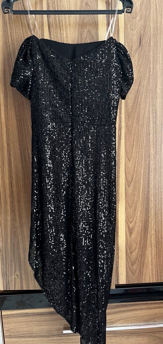 Siyah Payetli Straplez Midi Elbise - Görsel 4