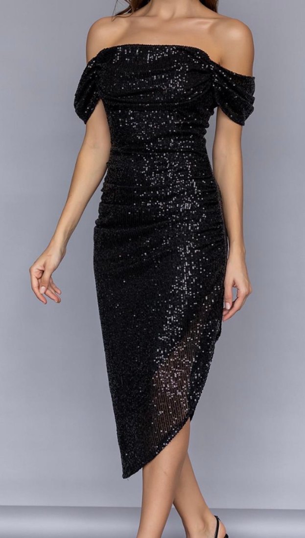 Siyah Payetli Straplez Midi Elbise - Görsel 2