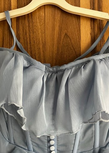 Volanlı Straplez Mavi Uzun Abiye Elbise - Görsel 9