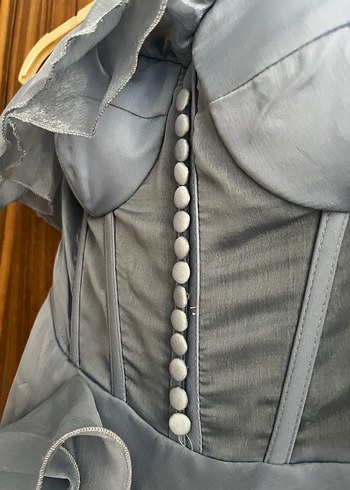 Volanlı Straplez Mavi Uzun Abiye Elbise - Görsel 8