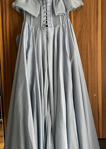 Volanlı Straplez Mavi Uzun Abiye Elbise - Görsel 6